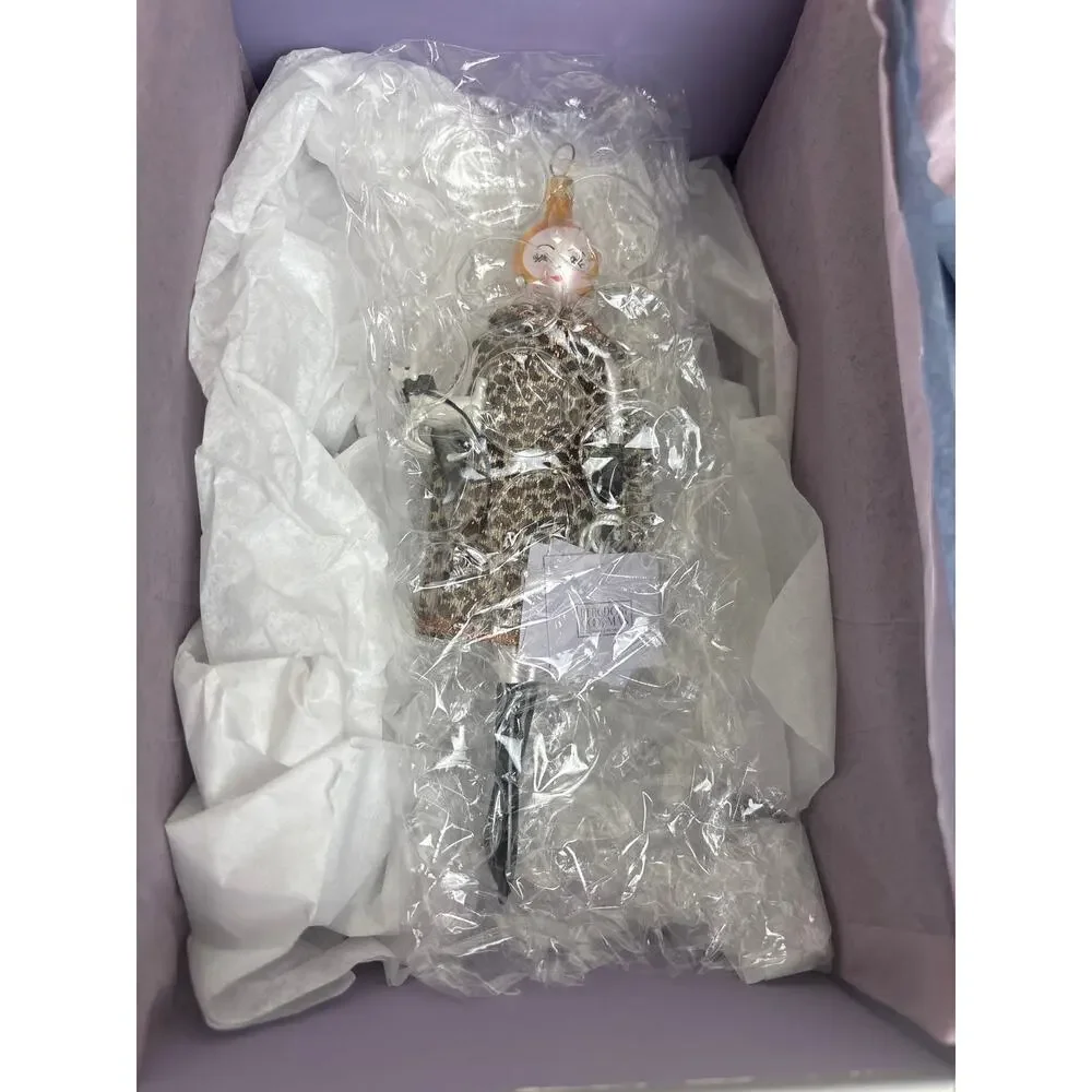 De Carlini Bergdorf Goodman Glass Ornament Leopard Coat Lady Dog Italy w/ BG Box
